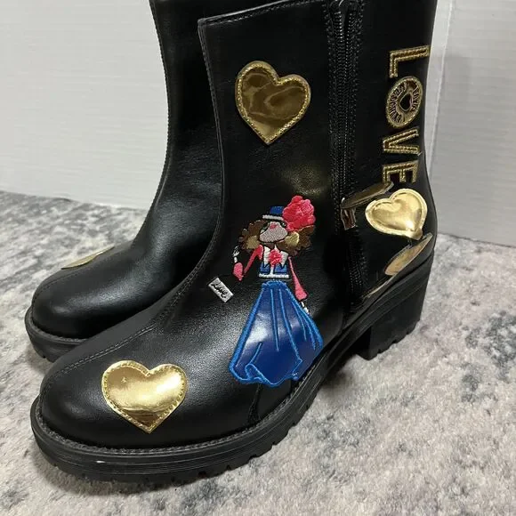 Love Moschino Women’s Black Combat Boots Heart Graphic Side Zip Lug Sole Size 40 - Picture 2 of 7